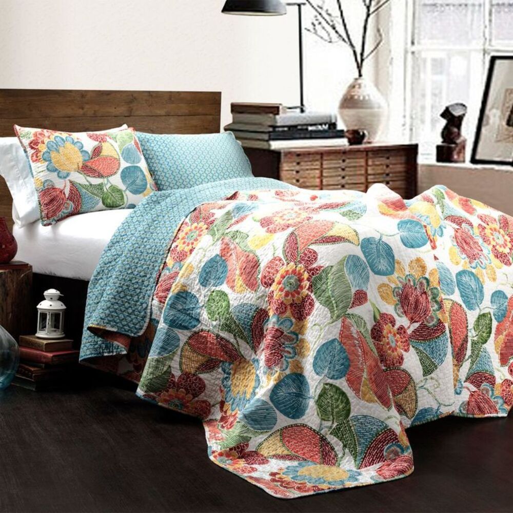 Lush Decor - Full/Queen 3pc Janelle Quilt Set Orange/Blue - Lus Orange/Blue
